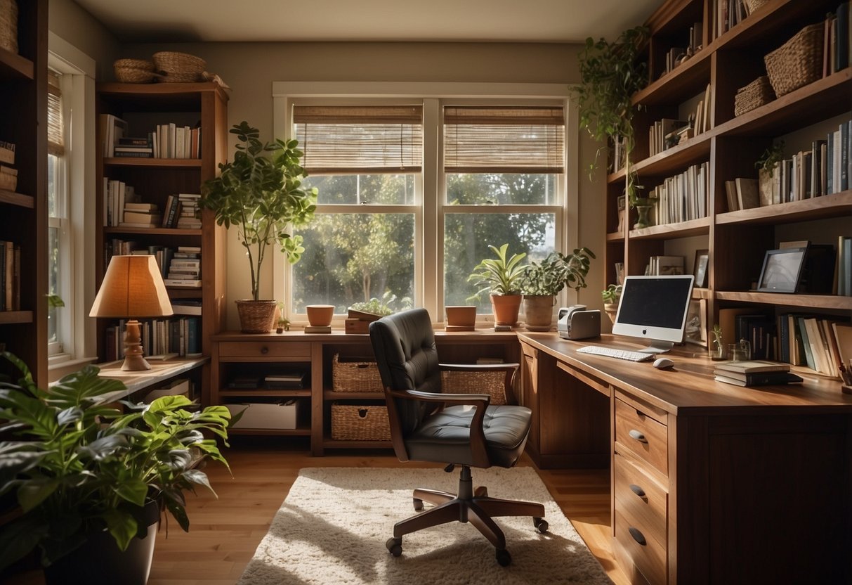 A cozy home office with a large desk, bookshelves, and a comfortable chair. Natural light streams in through a window, illuminating the room. A bulletin board and a few plants add a personal touch