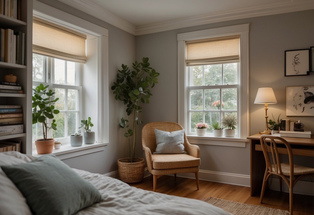 A cozy guest bedroom with a queen-sized bed, soft linens, and a large window overlooking a serene garden. A small desk and chair sit in the corner, with a bookshelf filled with novels and decorative trinkets