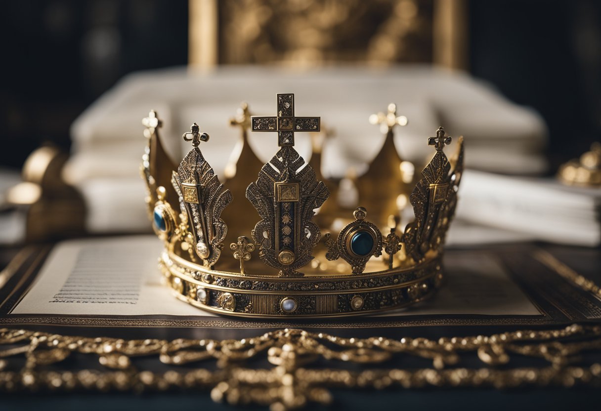 The papal tiara sits atop a regal throne, surrounded by ancient manuscripts and ornate symbols of the Catholic Church