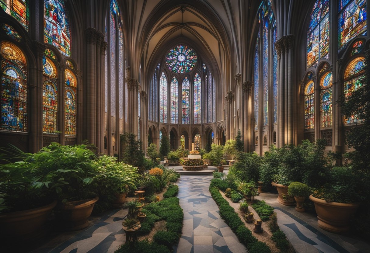 A grand cathedral with ornate architecture and colorful stained glass windows, surrounded by lush gardens and a peaceful courtyard