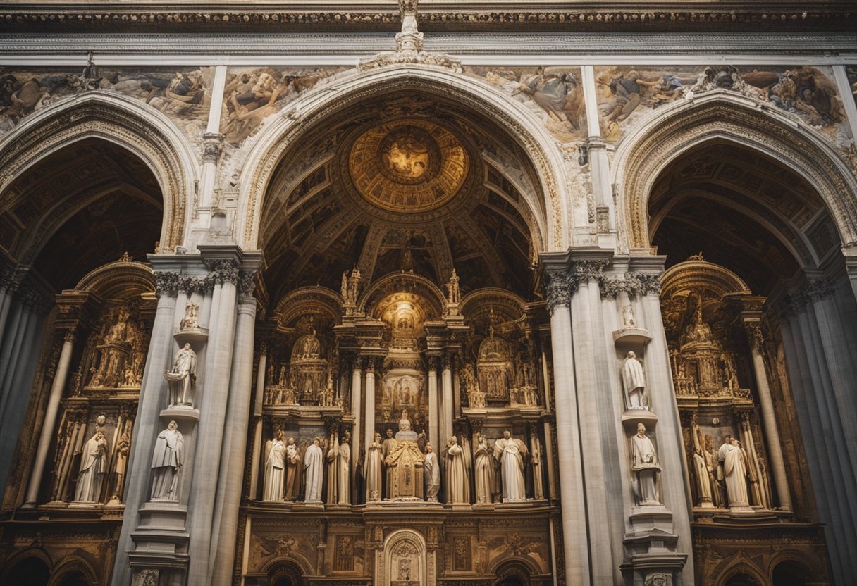 A grand cathedral with a line of historic figures, from Saint Peter to Pope Francis, displayed in ornate frames along the walls