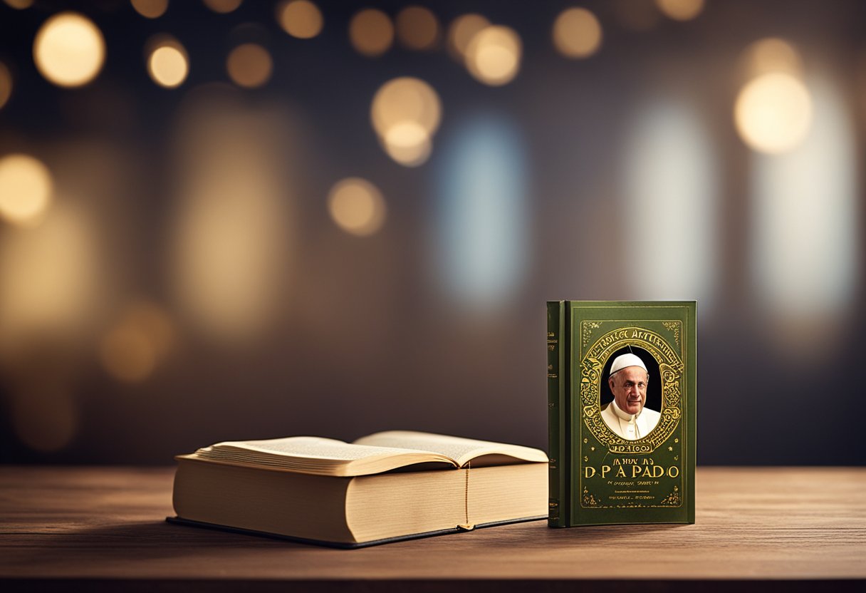 The book "Papa Francisco: O Papado Atual A História dos Papas: De São Pedro a Francisco" displayed on a wooden table with a soft light shining on it