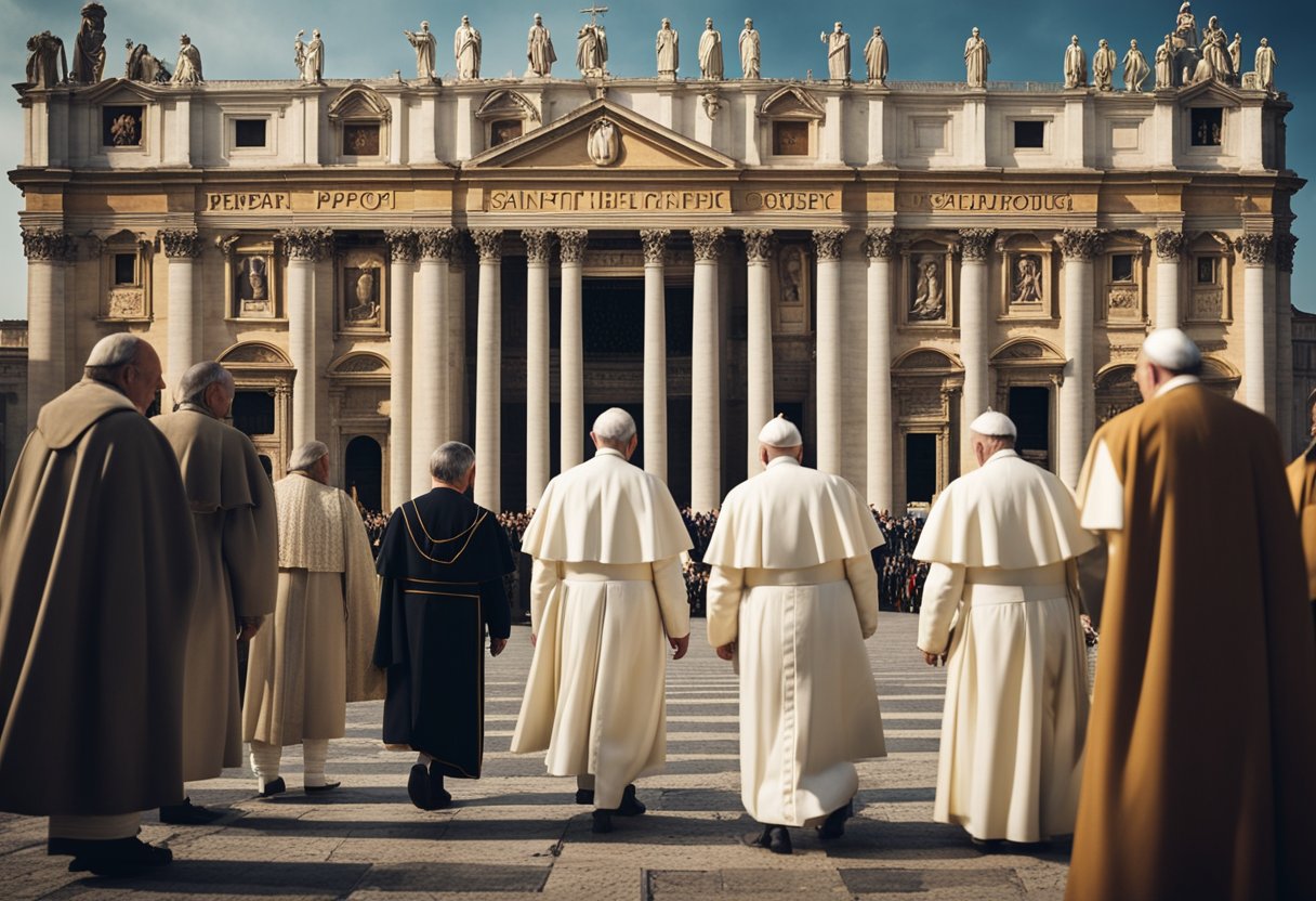 A line of historical figures, from Saint Peter to Pope Francis, depicted in a chronological order with a backdrop of iconic papal symbols and historical landmarks