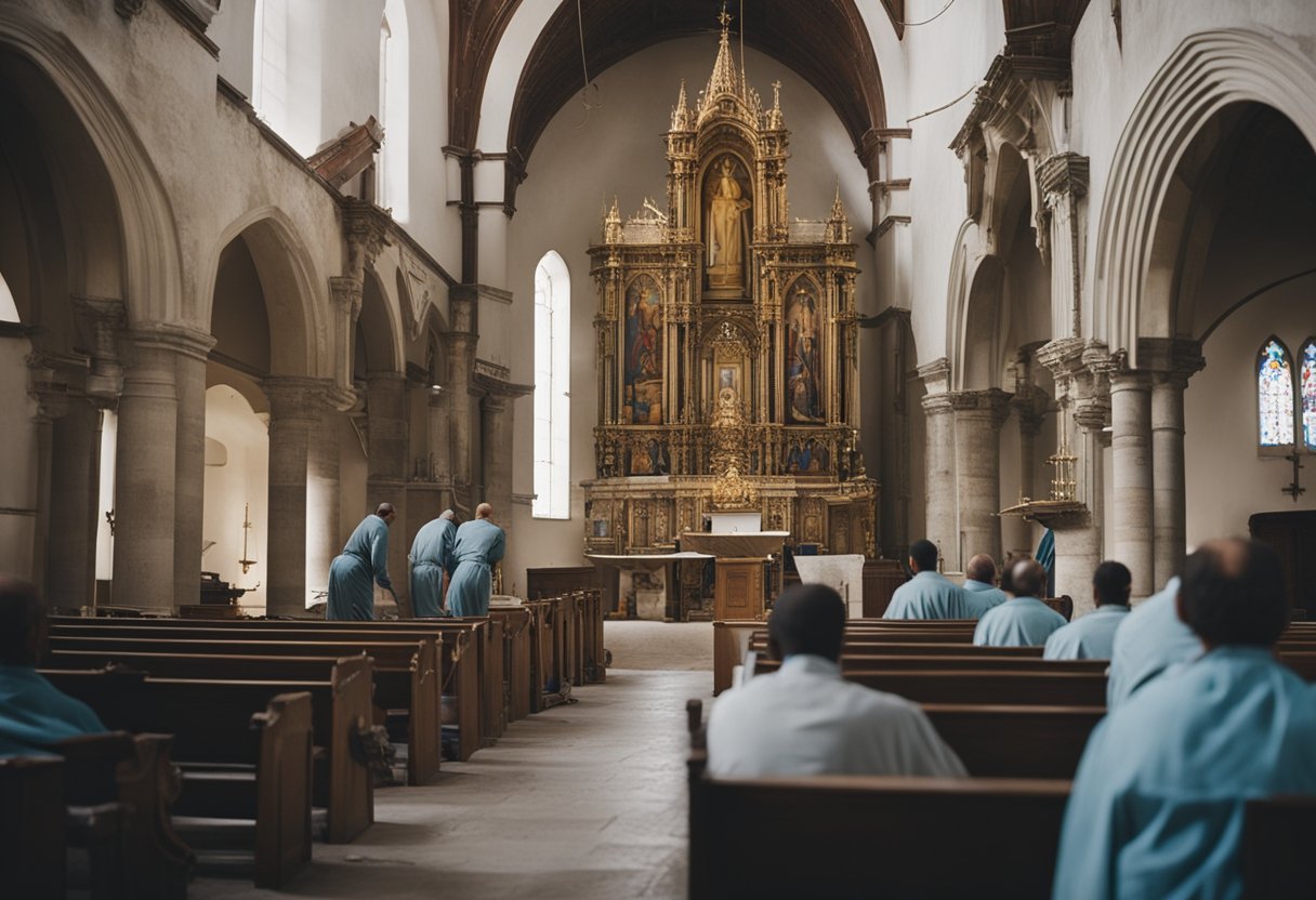 A church being renovated with workers repairing and painting the walls while priests and monks discuss theology and doctrine