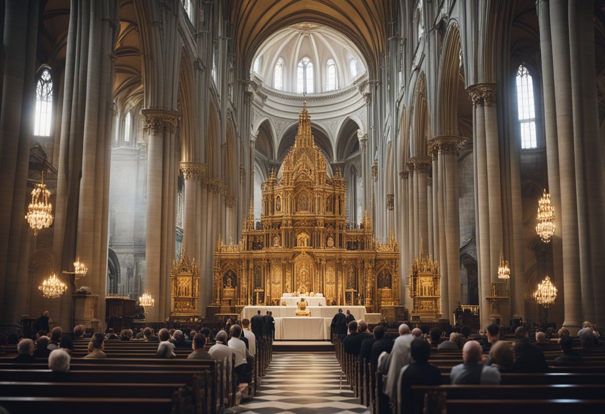 A Catholic church conducting a counter-reformation, with priests and worshippers in a grand, ornate cathedral