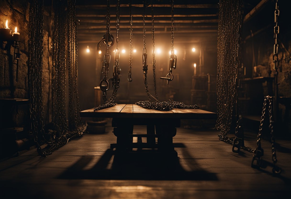 A dimly lit dungeon with chains hanging from the walls, a flickering torch, and a table with torture instruments