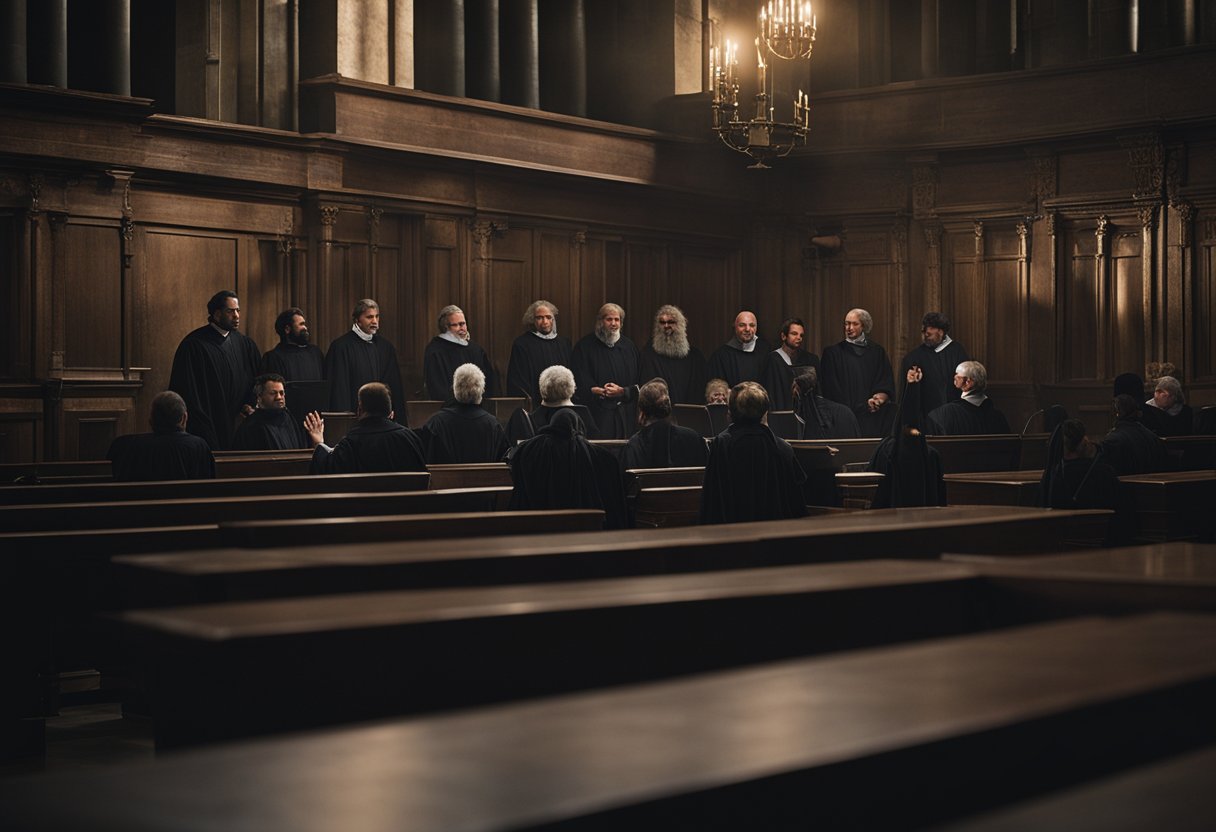 A dark, medieval courtroom filled with stern-faced judges and fearful defendants. Torches flicker, casting eerie shadows on the stone walls