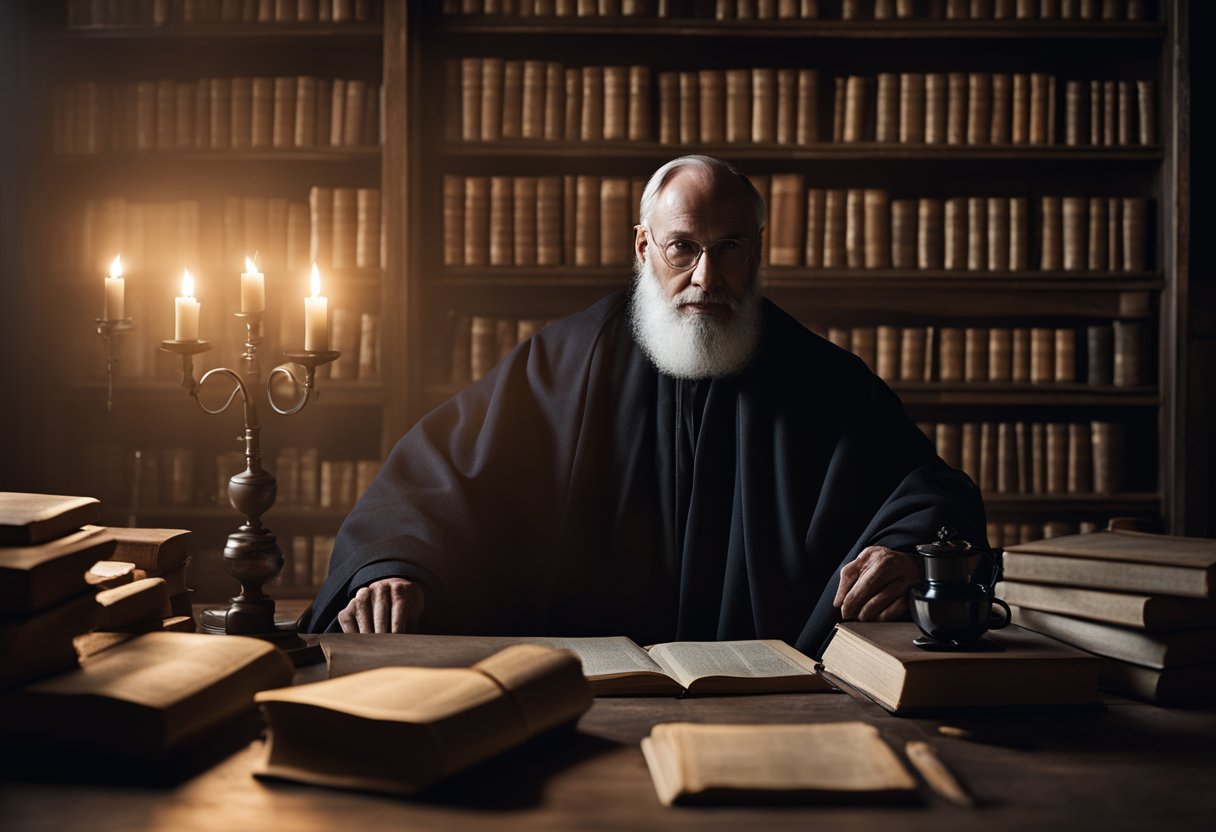 A dimly lit room with stone walls and a large wooden table. A figure in a dark robe sits in a high-backed chair, surrounded by books and scrolls. Torches flicker, casting eerie shadows