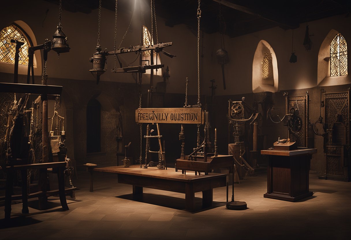 A dimly lit room with medieval torture devices on display, surrounded by curious onlookers. A sign reads "Frequently Asked Questions: The Inquisition - Facts and Myths."