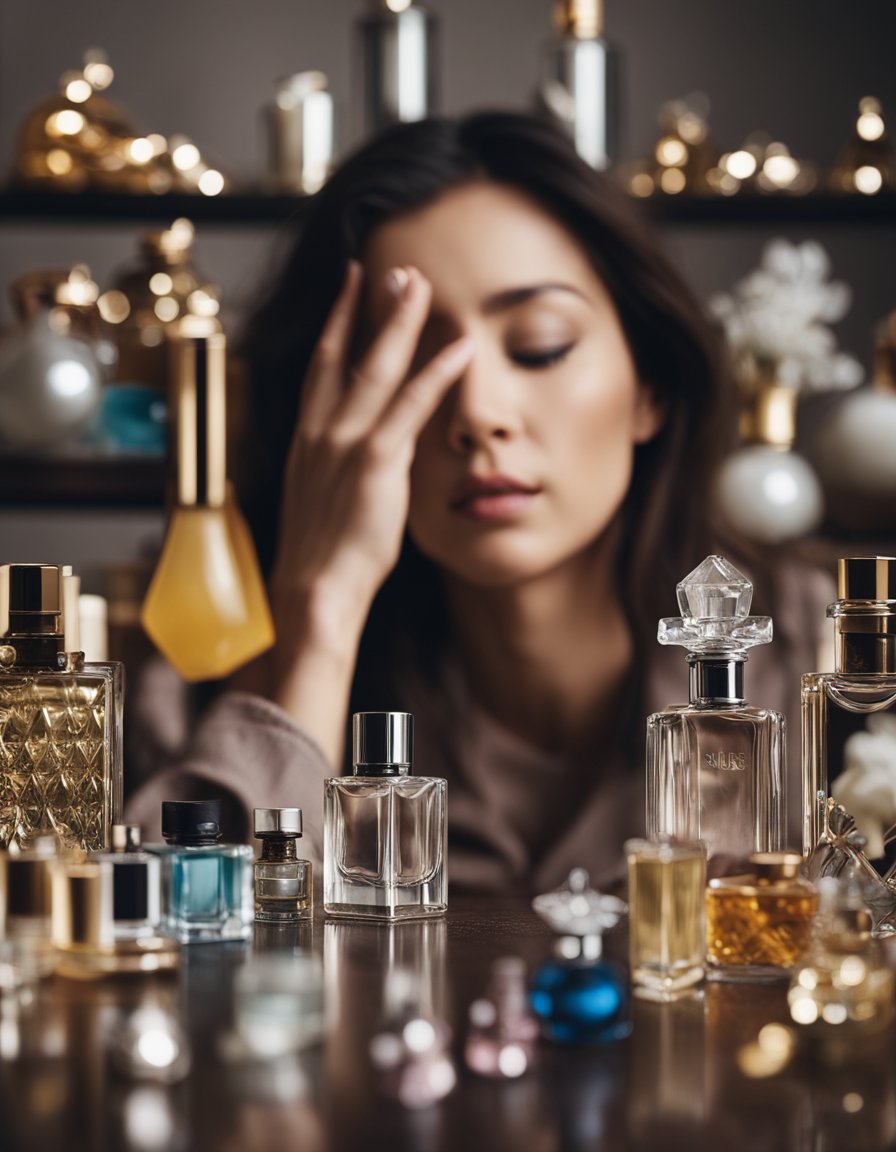 A person holds their head in pain while surrounded by various perfume bottles