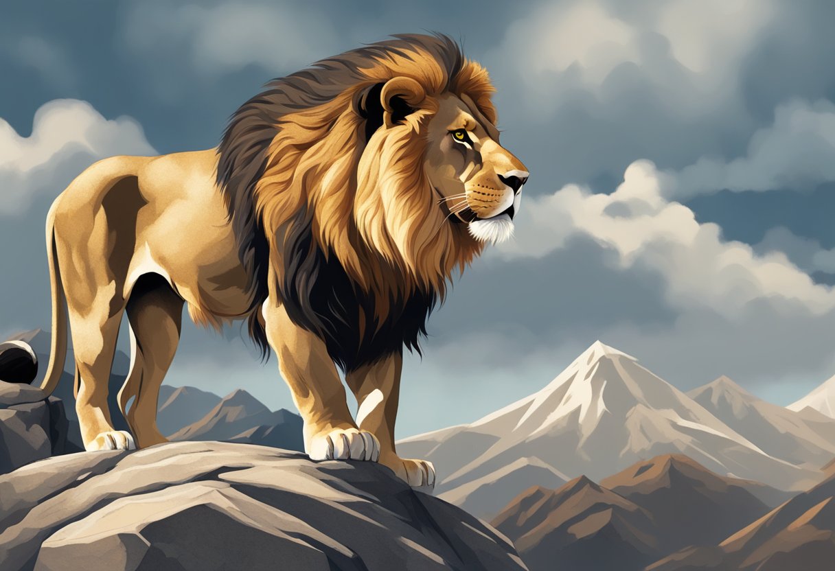 A majestic lion standing proudly on a rocky outcrop, its mane blowing in the wind, with a fierce and regal expression