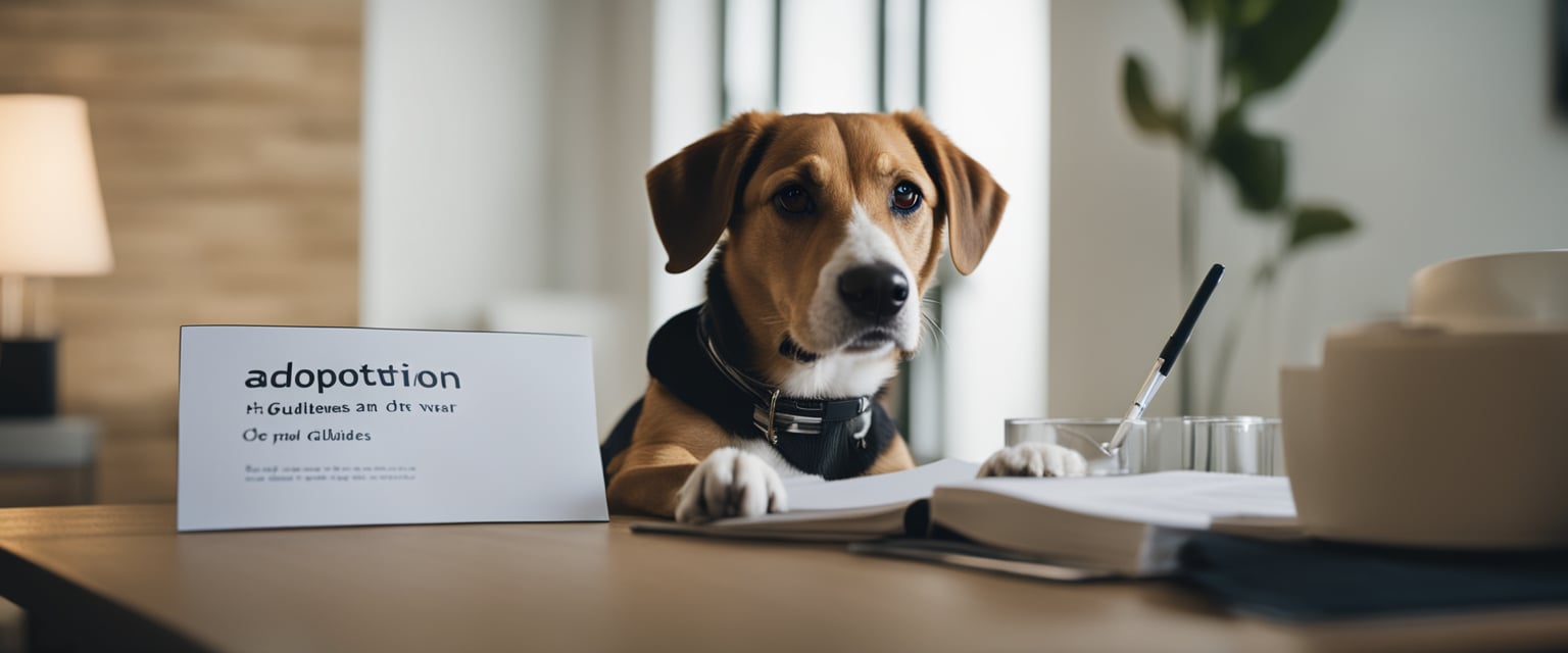 A dog sitting next to a stack of paperwork, with a pen and a bowl of water nearby. A sign on the wall reads "Adoption Guidelines."