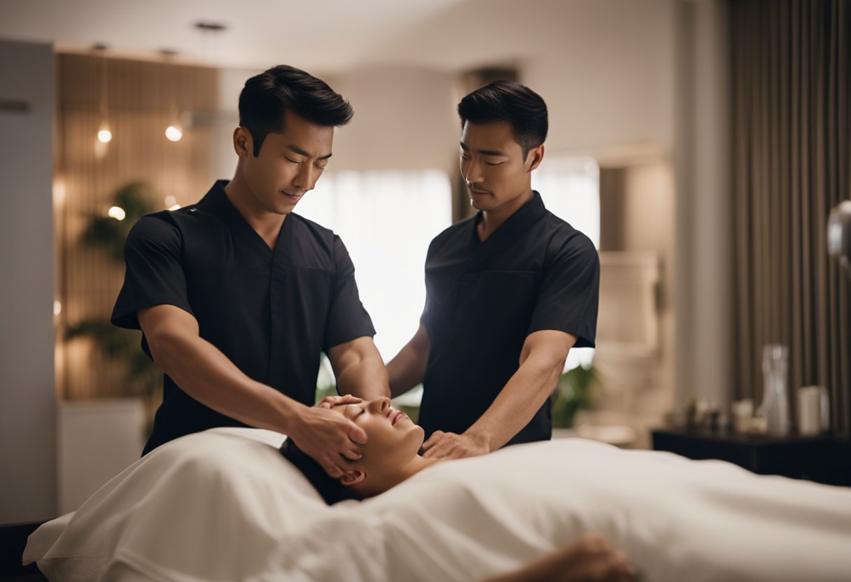 Two masseurs work in sync, applying long, flowing strokes and deep pressure. The room is dimly lit, with soothing music playing in the background