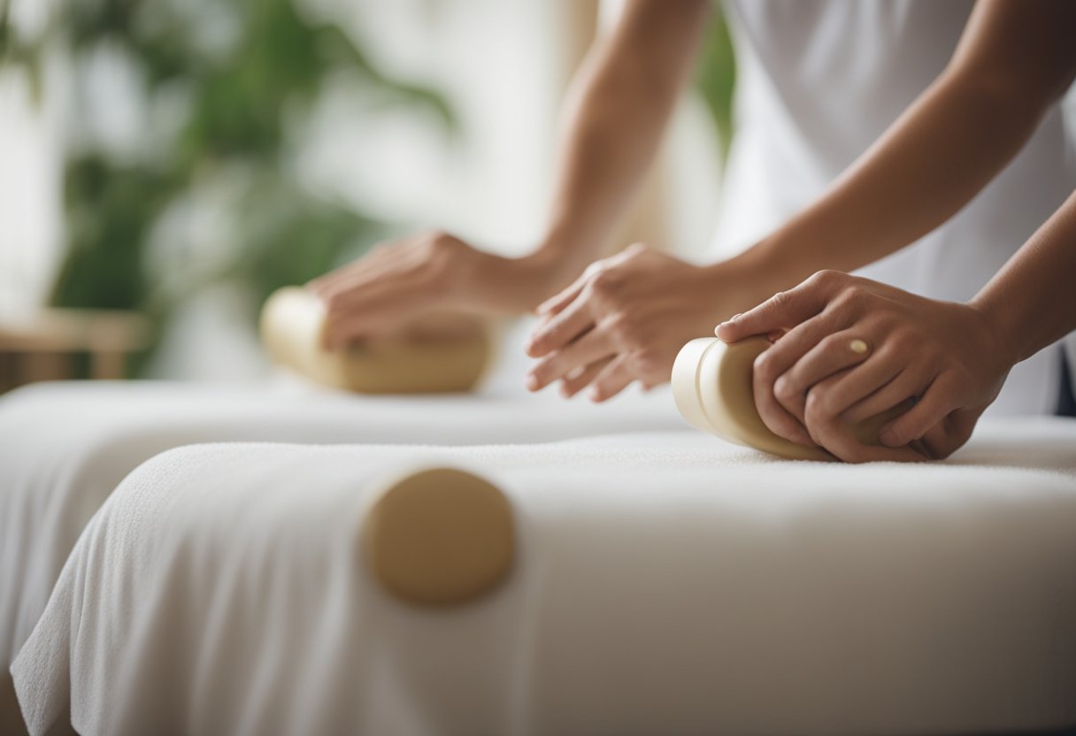 Two massage therapists work in sync, applying rhythmic and synchronized movements. The atmosphere is peaceful, with soothing music and aromatherapy scents filling the air