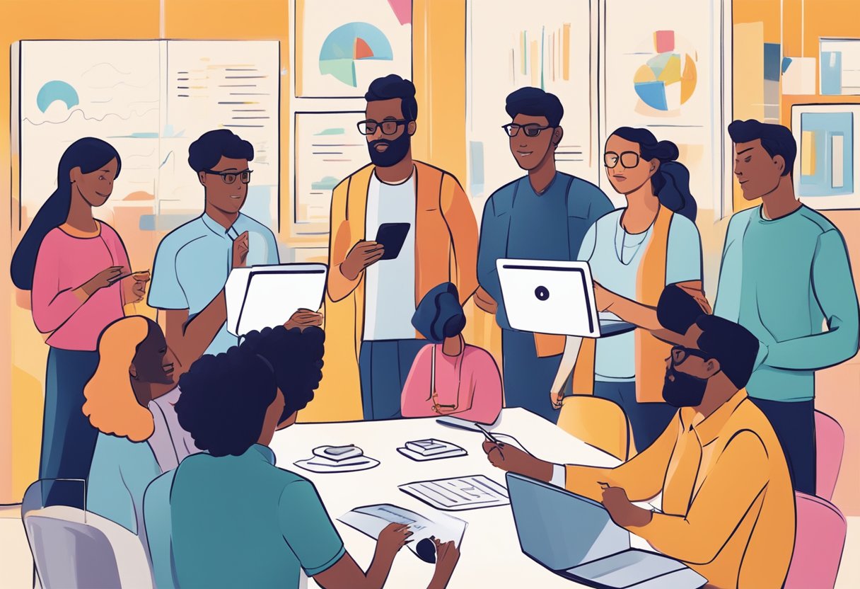 A group of diverse people engage in various forms of communication, such as writing, speaking, and using technology. The scene is dynamic and vibrant, with a sense of collaboration and connection