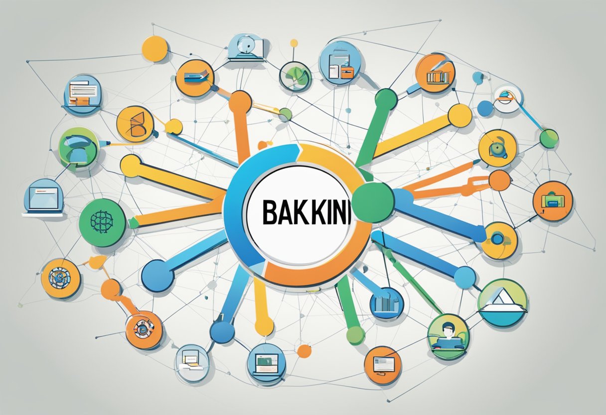 Various backlink types, including text, image, and redirect, are interconnected in a web of lines, symbolizing their connection and influence on search engine optimization