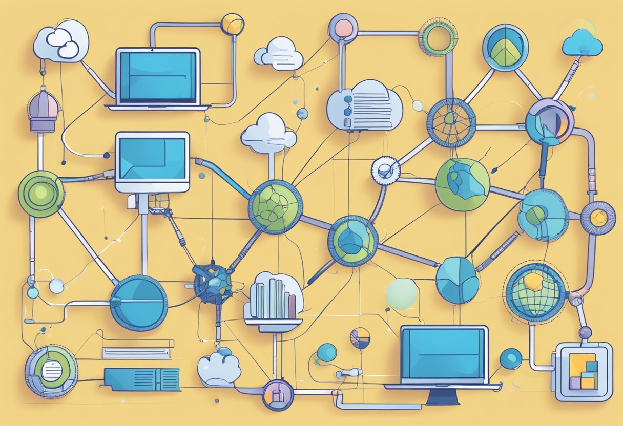 Various backlinks: natural, manual, self-created, and outreach. Each type represented by different shapes and colors, interconnected on a digital landscape