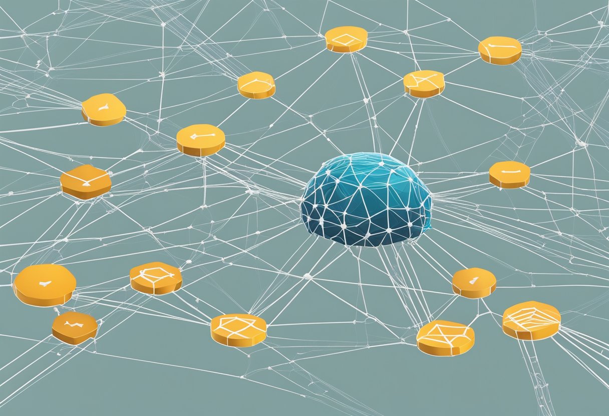 A web crawler traverses a network of interconnected domains, collecting data and indexing content