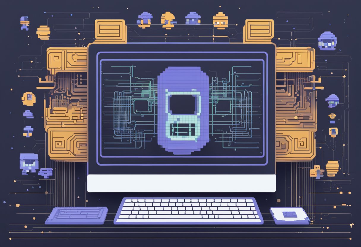 A computer screen displaying ASCII art of a discord logo, with various symbols and characters forming the image