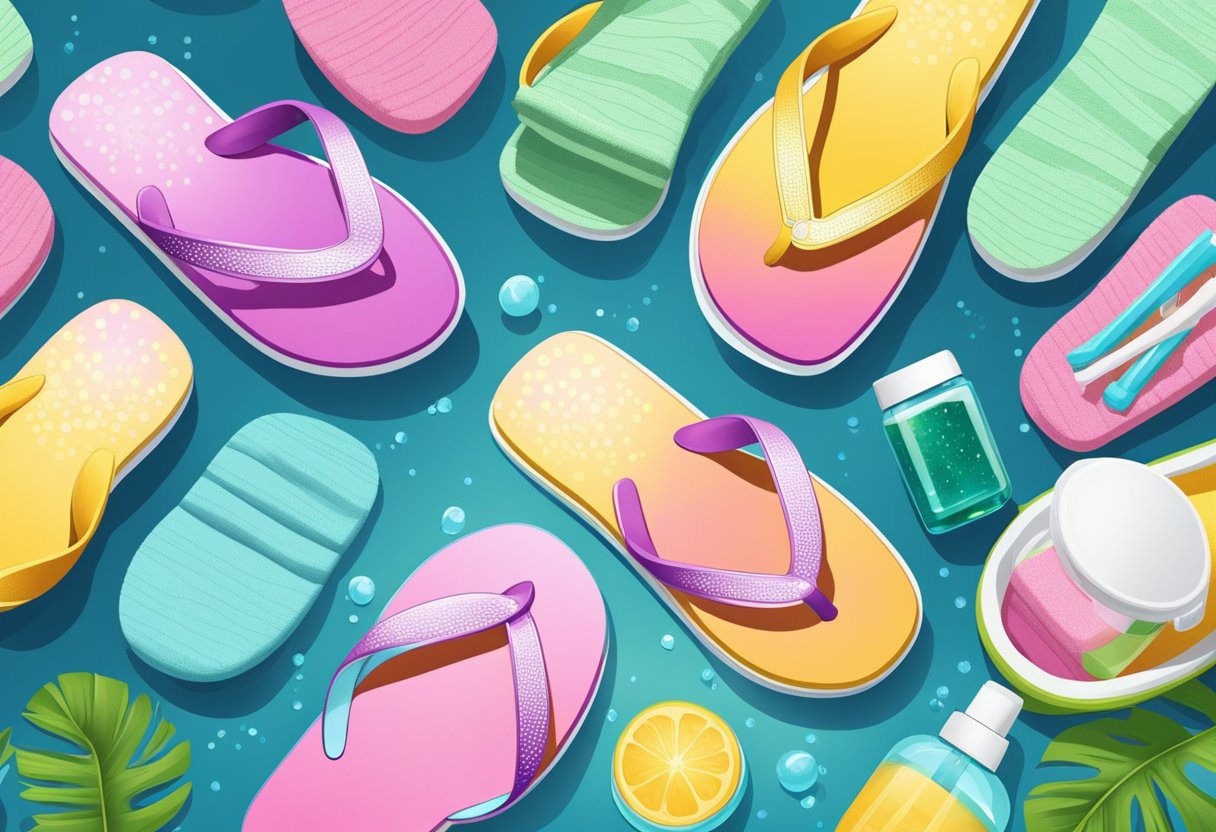 A pair of wet, chlorine-soaked flip-flops sits at the edge of a sparkling pool, surrounded by a collection of foot care products and towels