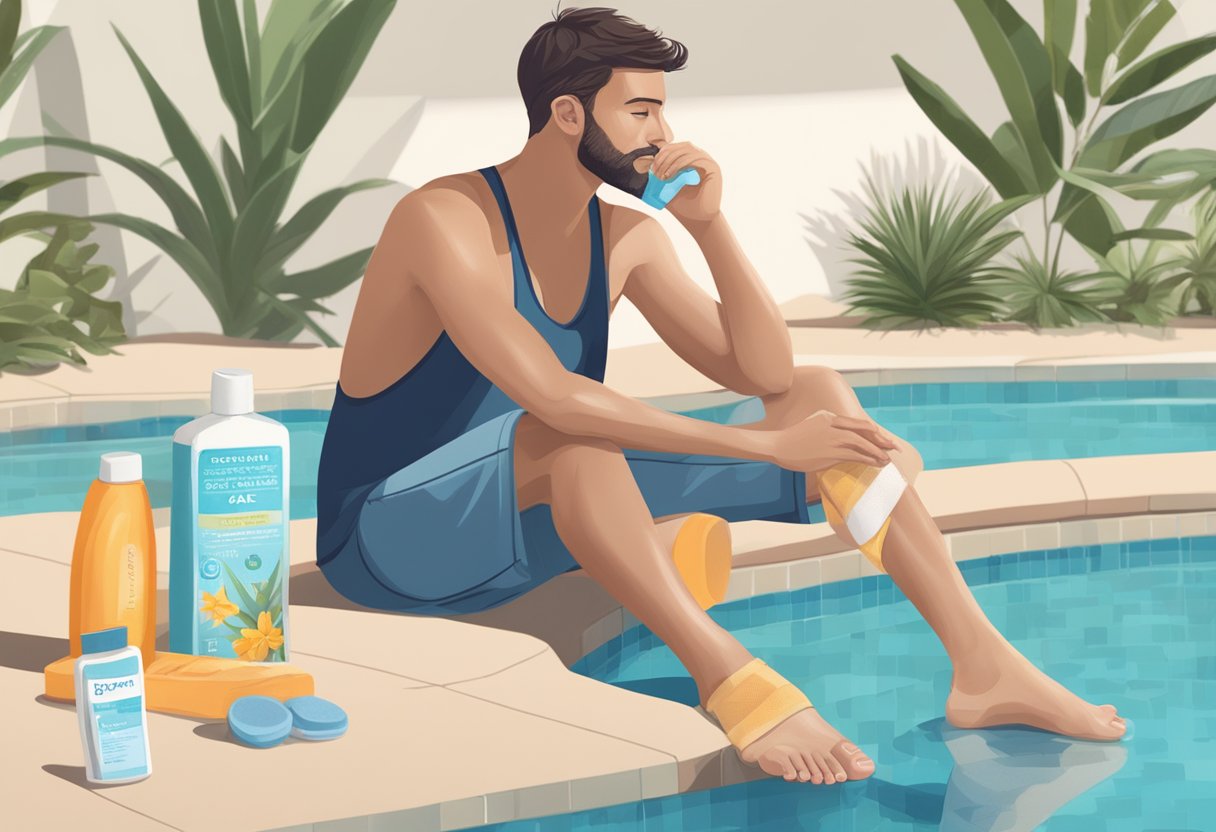 A person sitting by a pool, towel and sandals nearby, holding a bottle of foot care product,