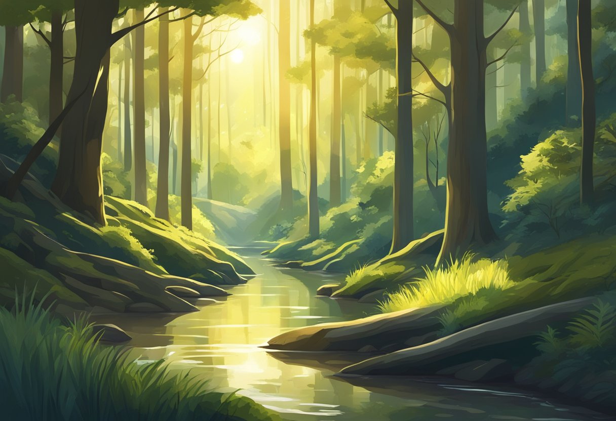 A forest with a winding river, sunlight filtering through the trees, and a mysterious message hidden in the shadows