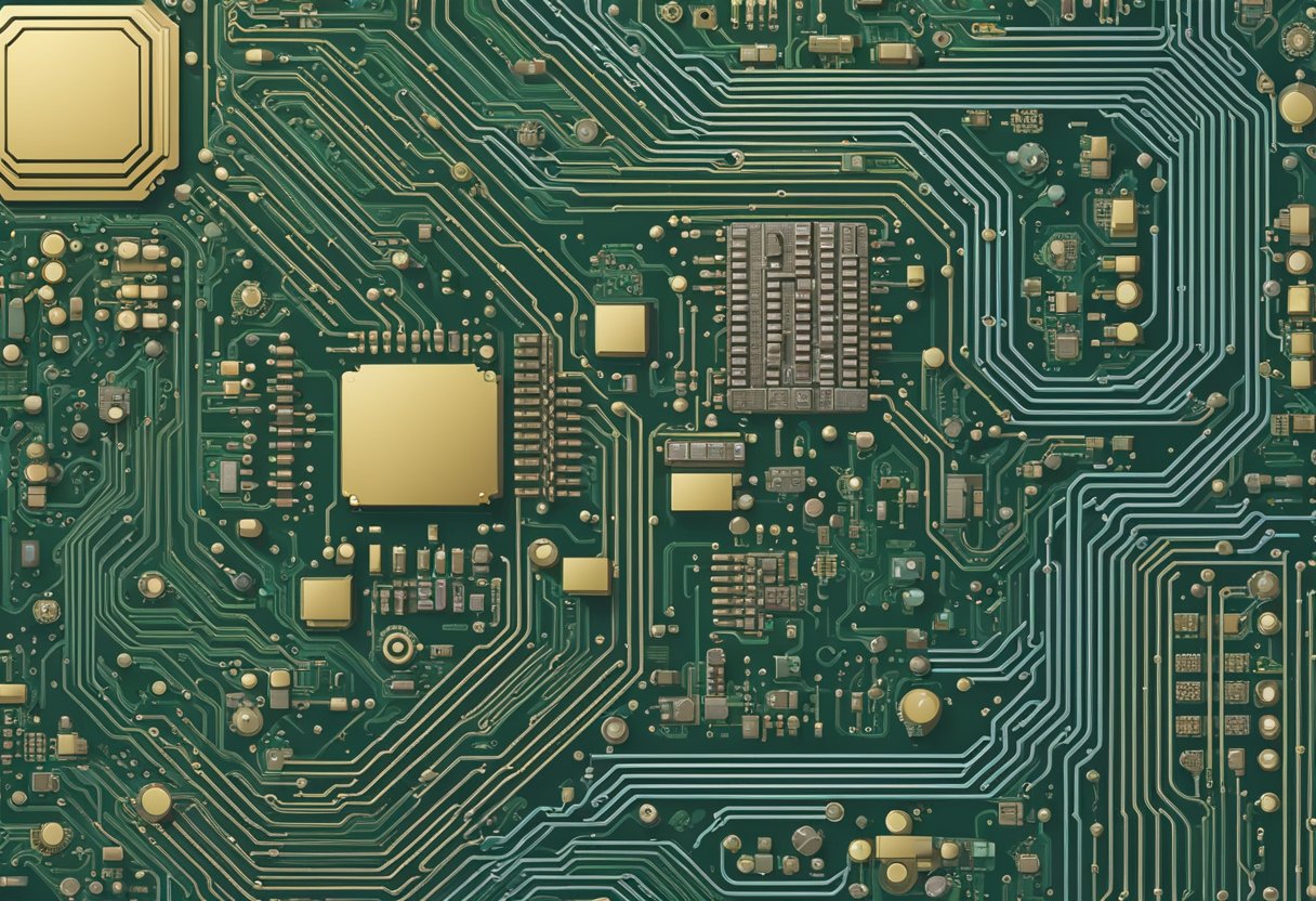 A complex circuit board with intricate patterns and hidden text