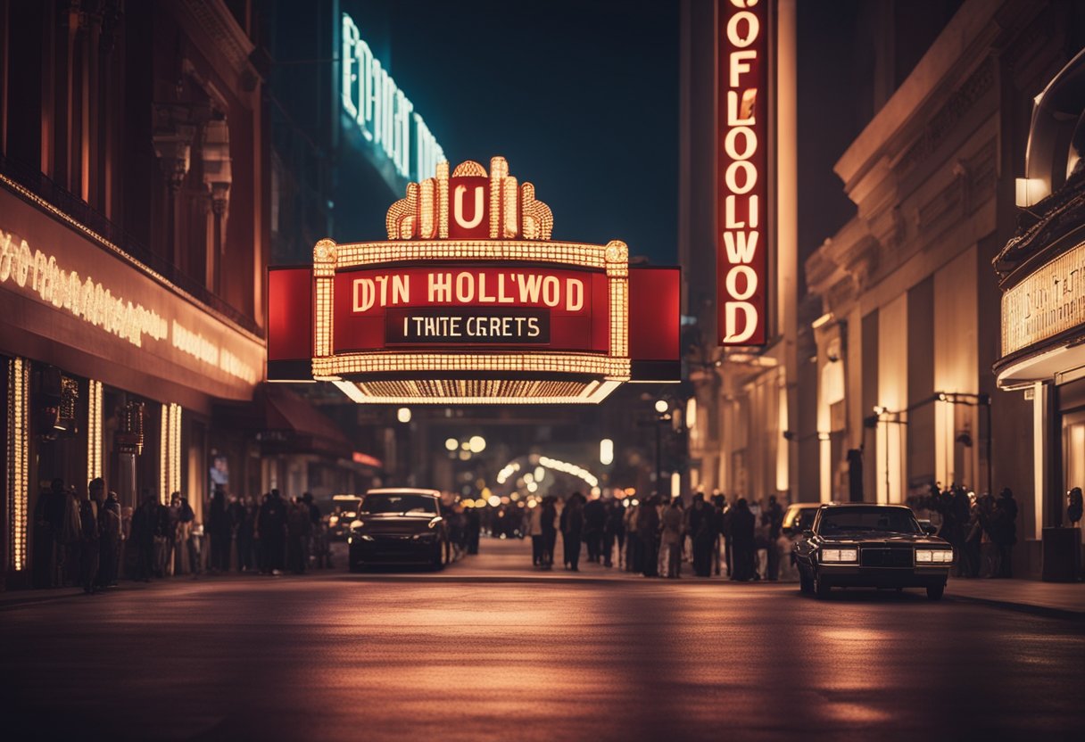 A grand movie theater marquee shines brightly, displaying the titles of classic Hollywood films. The red carpet entrance is lined with eager fans and flashing cameras