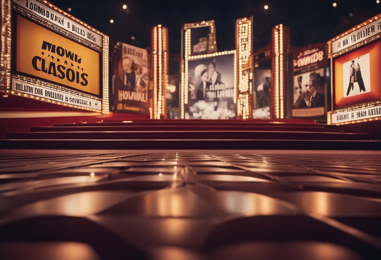 A red carpet lined with vintage movie posters, leading to a grand theater marquee adorned with flashing lights and the names of iconic Hollywood classics