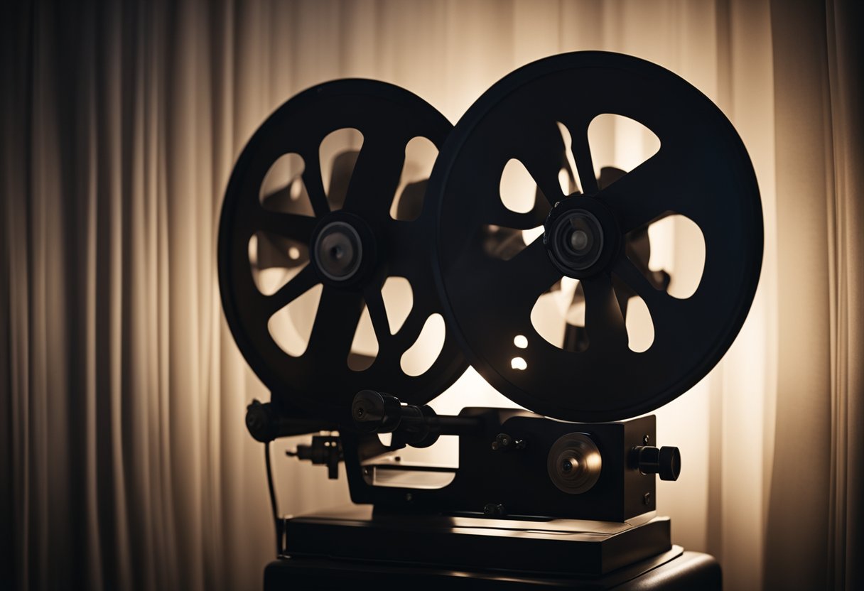 A classic Hollywood film reel spins on a vintage projector, casting flickering light and shadows on a darkened theater wall