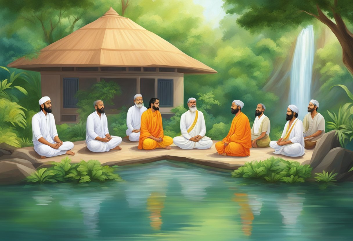 A serene ashram with a group of disciples sitting at the feet of their guru, surrounded by lush greenery and the sound of flowing water