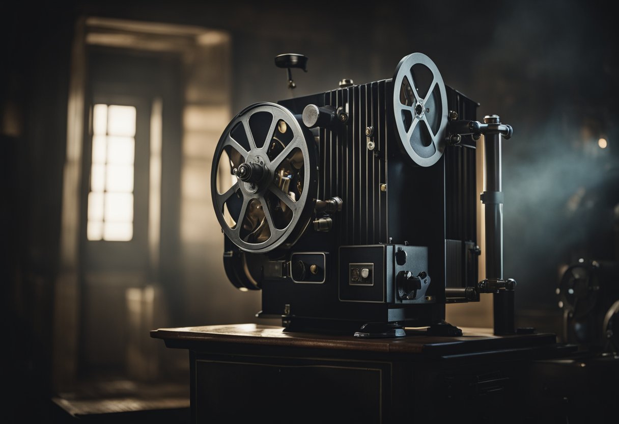 A vintage film projector illuminates a darkened room, casting flickering light on a blank screen. Posters of iconic European films adorn the walls, evoking a sense of history and evolution in European cinema