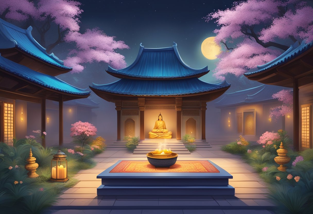 A serene temple courtyard bathed in soft moonlight, with incense wafting through the air and a traditional Guru Purnima altar adorned with flowers and offerings