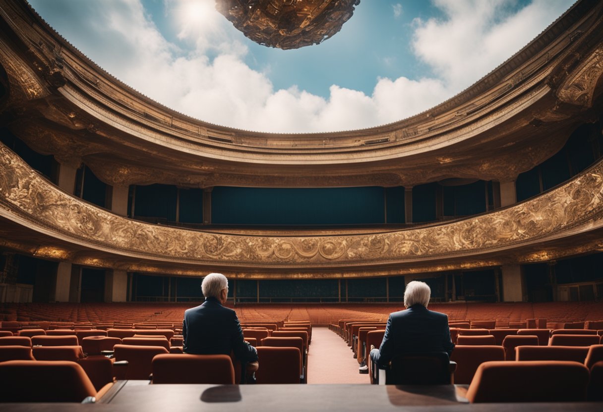 Iconic directors discussing European cinema masterpieces in a grand theater setting