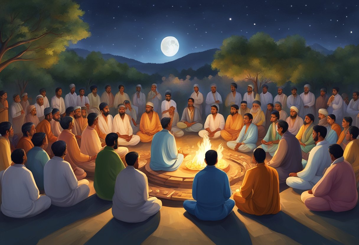 A serene evening scene of a traditional Guru Purnima celebration, with people gathered around a sacred fire, offering prayers and seeking blessings from their gurus. The atmosphere is filled with reverence and devotion, as the moon shines brightly in the night sky,