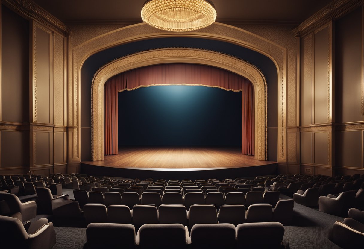 A dimly lit theater, with rows of empty seats and a large screen at the front. The room is filled with an air of anticipation and the smell of popcorn