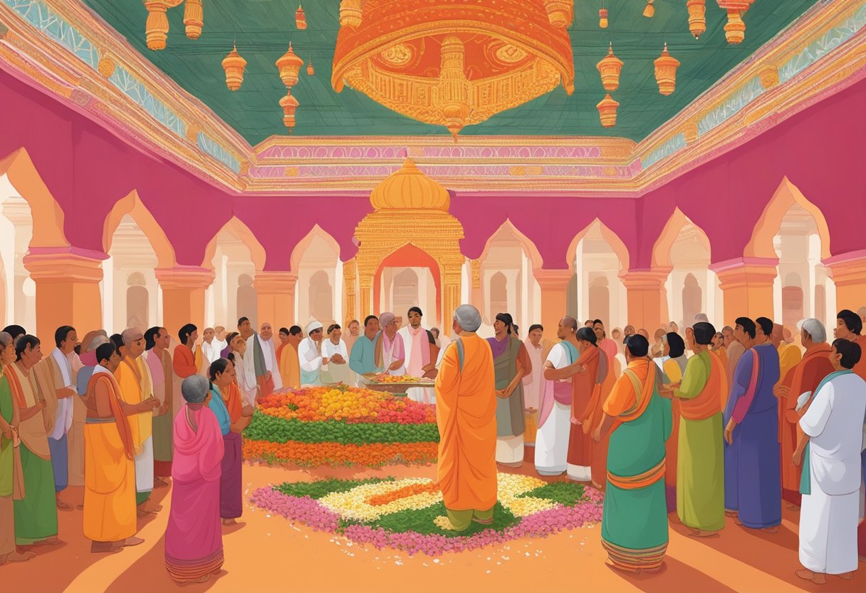 A group of people gather in a vibrant, decorated hall, offering flowers and incense to honor their gurus on Guru Purnima. The air is filled with the sound of chanting and the sweet aroma of traditional Indian sweets