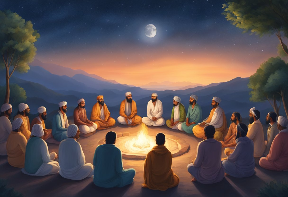 A serene night sky with a full moon shining down on a group of devotees gathered around a holy fire, paying homage to their gurus on Guru Purnima