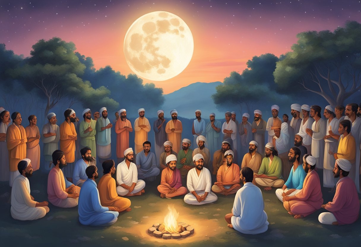 A serene night sky with a full moon shining down on a group of devotees gathered around a sacred fire, paying homage to their gurus on the auspicious occasion of Guru Purnima