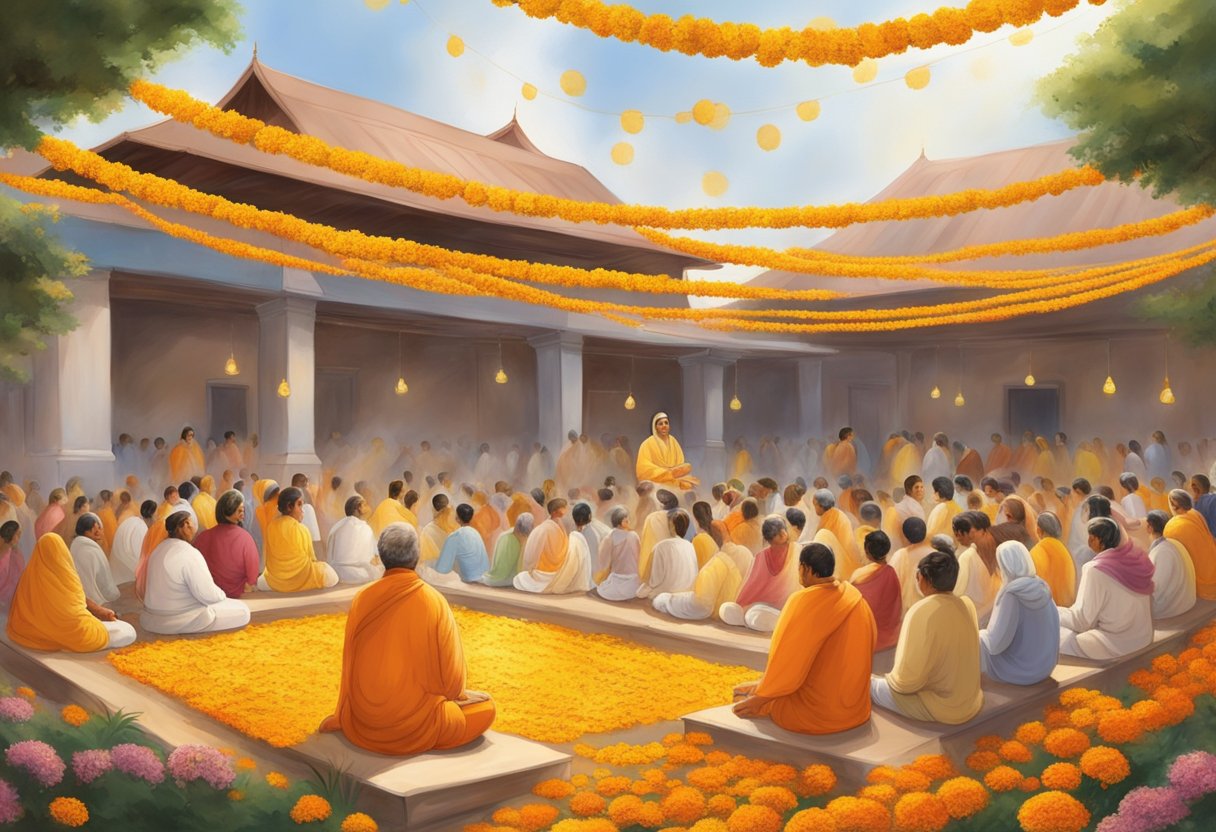 A serene ashram courtyard on Guru Purnima, adorned with marigold garlands and incense, as disciples gather to honor their gurus