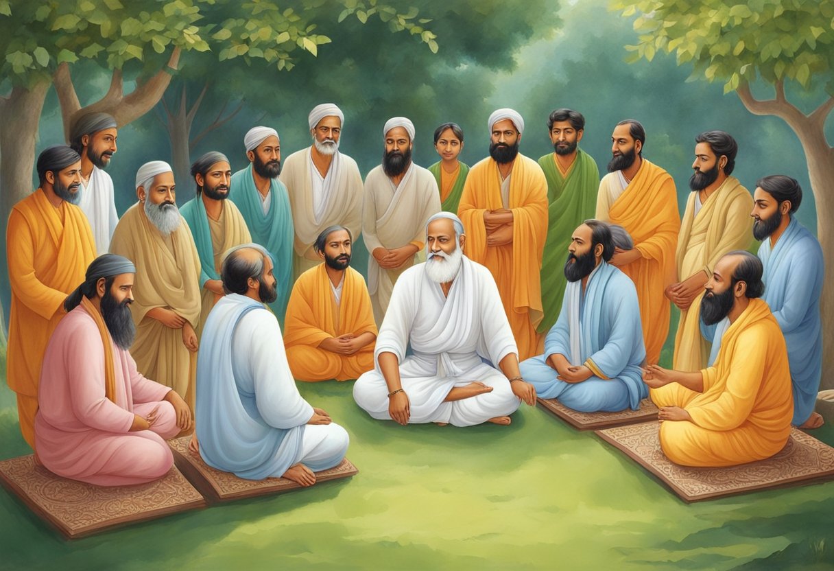 A group of disciples gather around a revered guru, seeking guidance and wisdom on the auspicious occasion of Guru Purnima. The guru sits in a serene setting, surrounded by nature, imparting profound teachings to the devoted followers