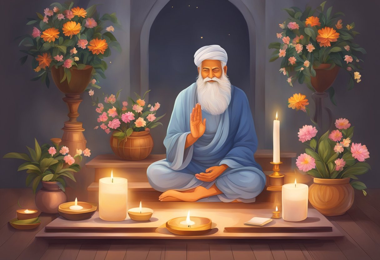 A peaceful home altar adorned with flowers, candles, and a picture of a revered guru. A family sits in meditation, offering prayers and gratitude on Guru Purnima