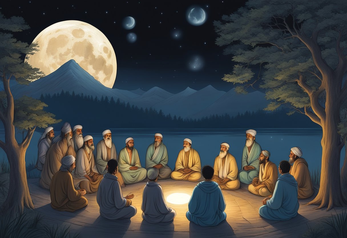 A serene moonlit night with a glowing full moon and a group of students and disciples gathered around a revered guru, seeking wisdom and guidance