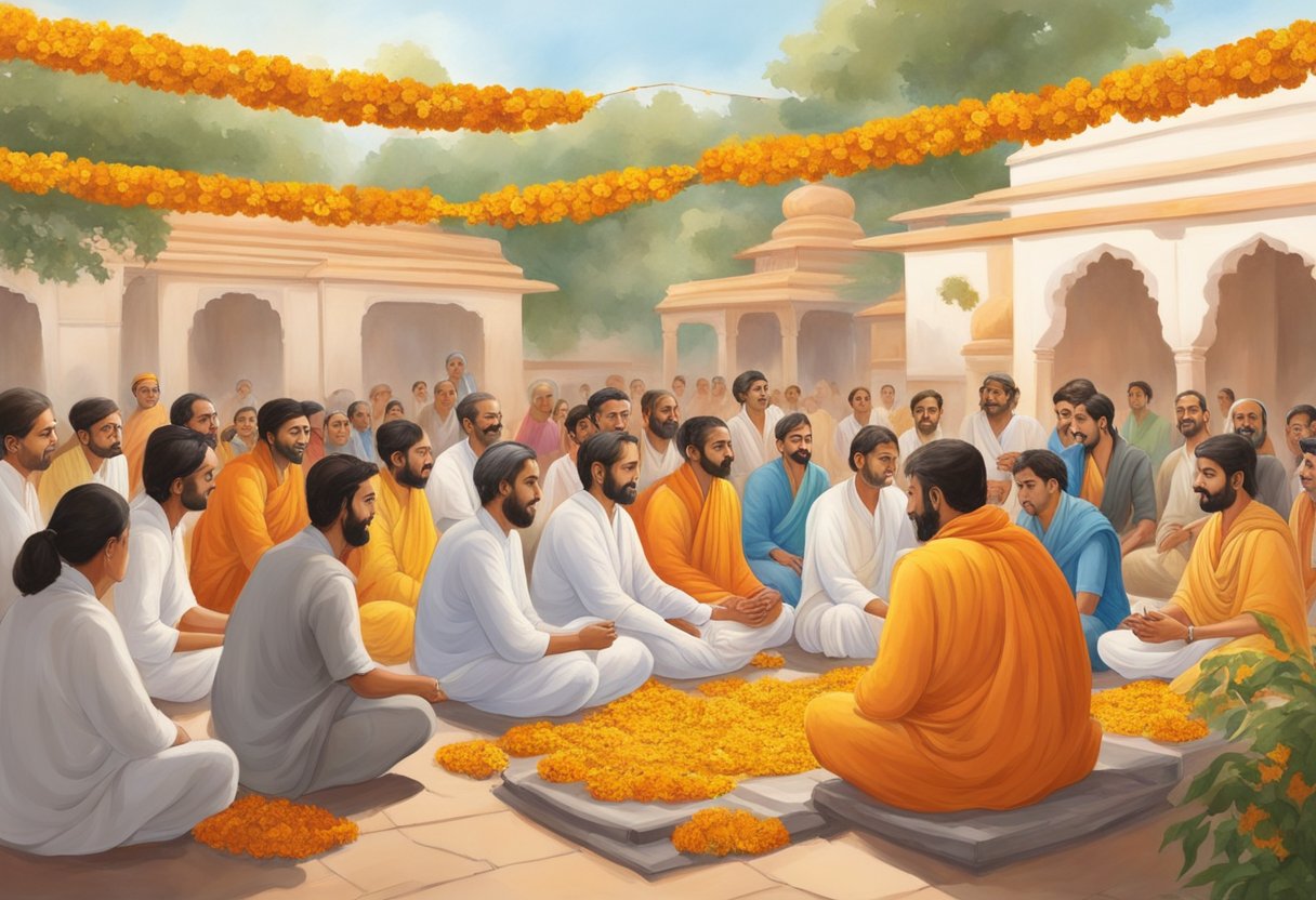 A serene ashram courtyard adorned with marigold garlands, where a Guru imparts wisdom to a group of attentive disciples on the auspicious occasion of Guru Purnima