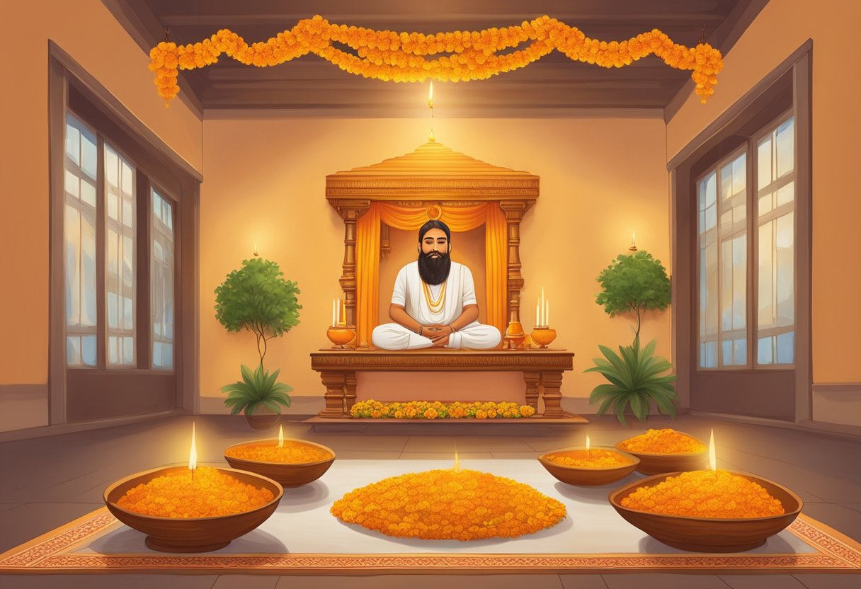 A serene, candlelit room with a traditional Indian altar, adorned with marigold garlands and incense, evoking a sense of reverence and gratitude for the Guru Purnima celebration