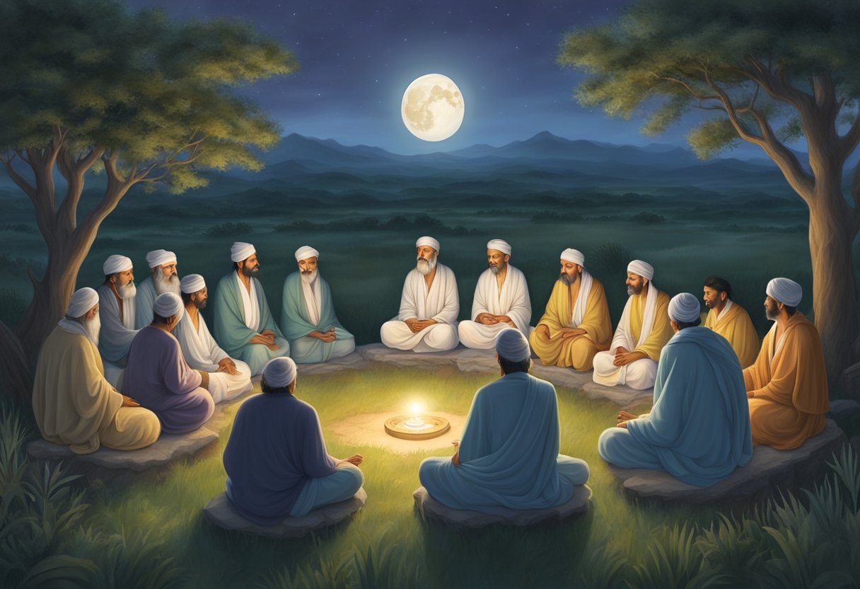 A serene landscape with a full moon shining down on a group of disciples gathered around a wise guru, paying their respects and seeking blessings