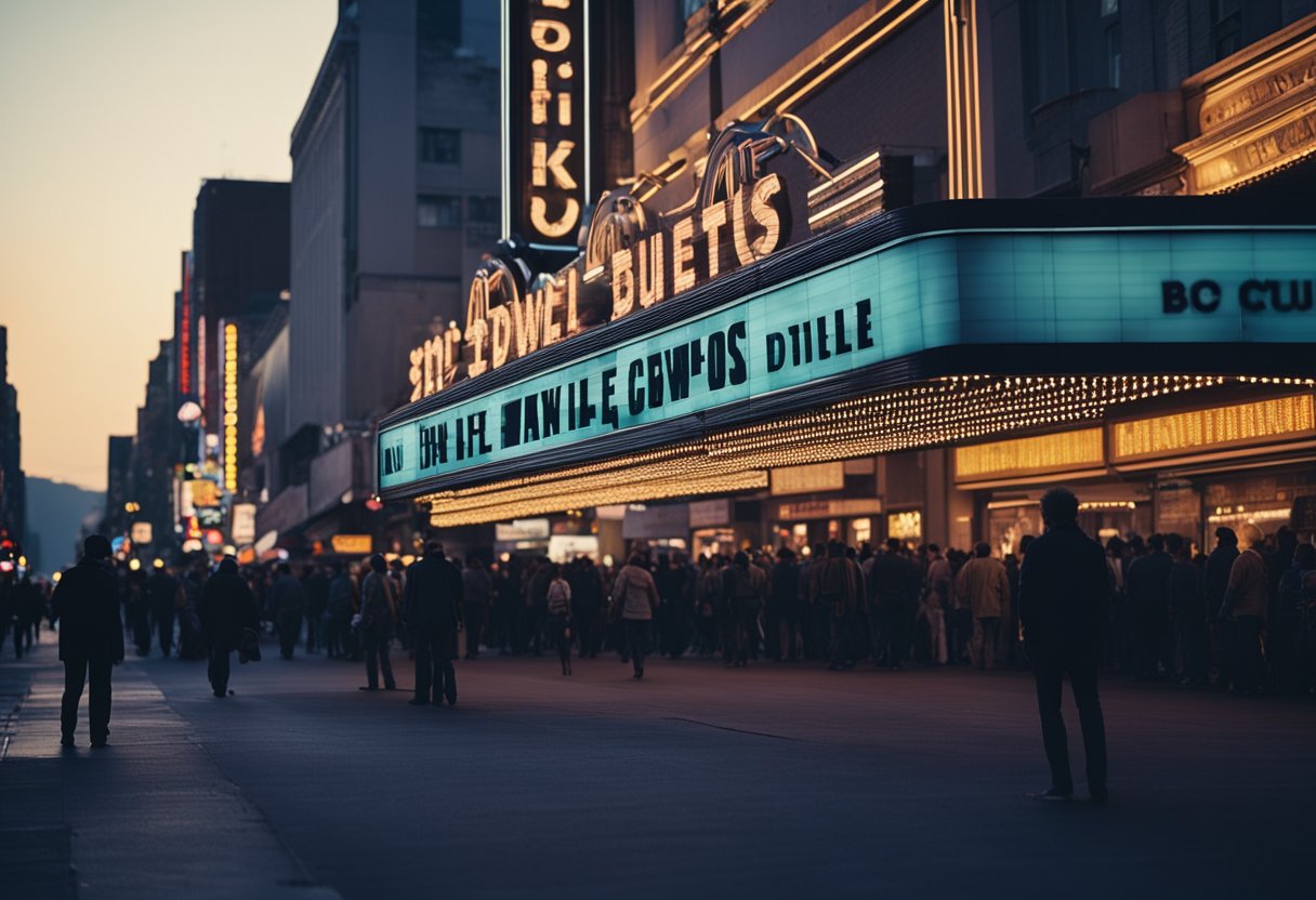 A movie theater marquee displays iconic 80s films in a bustling city street at dusk. Neon lights and bustling crowds evoke the golden age of cinema