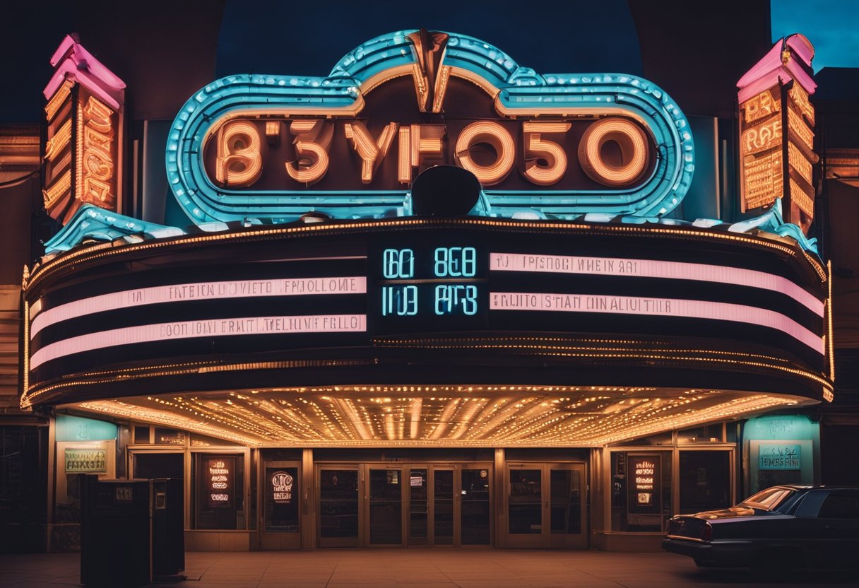 A colorful movie theater marquee displaying iconic 80s films. Neon lights and bold lettering stand out against the night sky