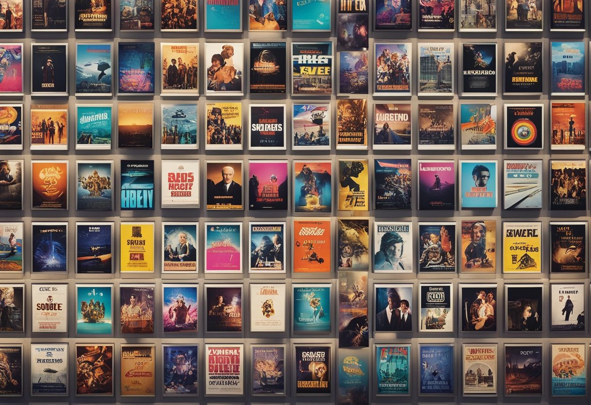 A collection of iconic 80s film posters displayed on a wall, with vibrant colors and bold typography