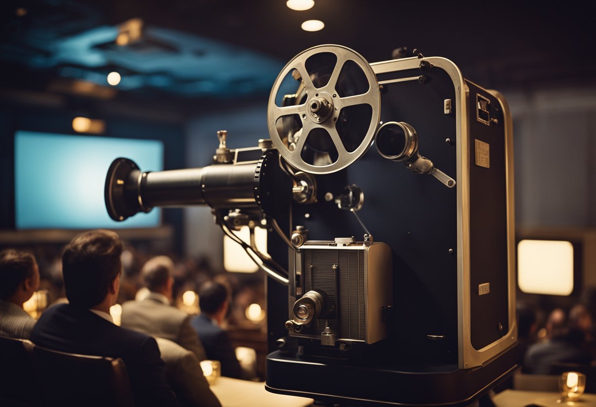 A vintage movie projector illuminates a darkened theater, casting flickering images onto a large screen. The audience sits captivated as classic Brazilian films play out in front of them